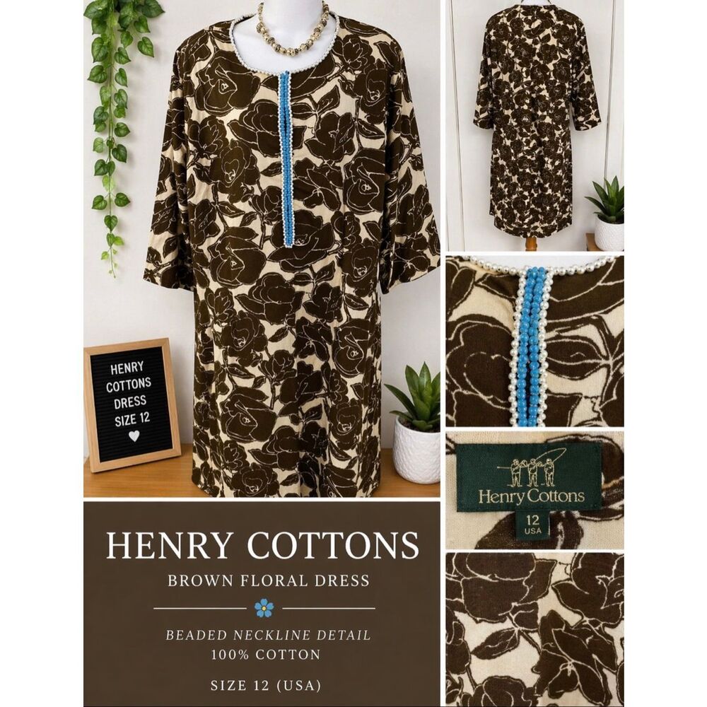 HENRY COTTONS BROWN FLORAL BEADED NECKLINE COTTON DRESS USA SIZE 12